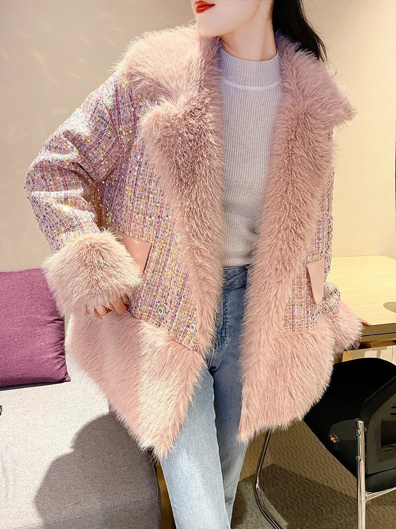 Glitter Coarse Wool Blended Fur Coat Long Sleeve Loose Coat