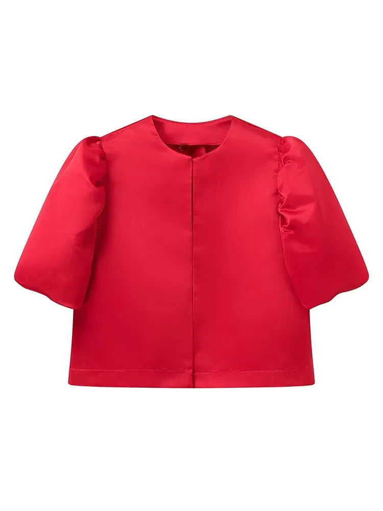 Solid Satin Women's Blouse Top With Pouf Balloon Sleeve O Neck Loose Blouses