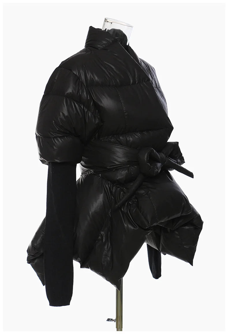Women's Cotton-padded Coat Belt Irregular Waist Camouflage Knitted Sleeve Parkas Jackets Winter Jackets
