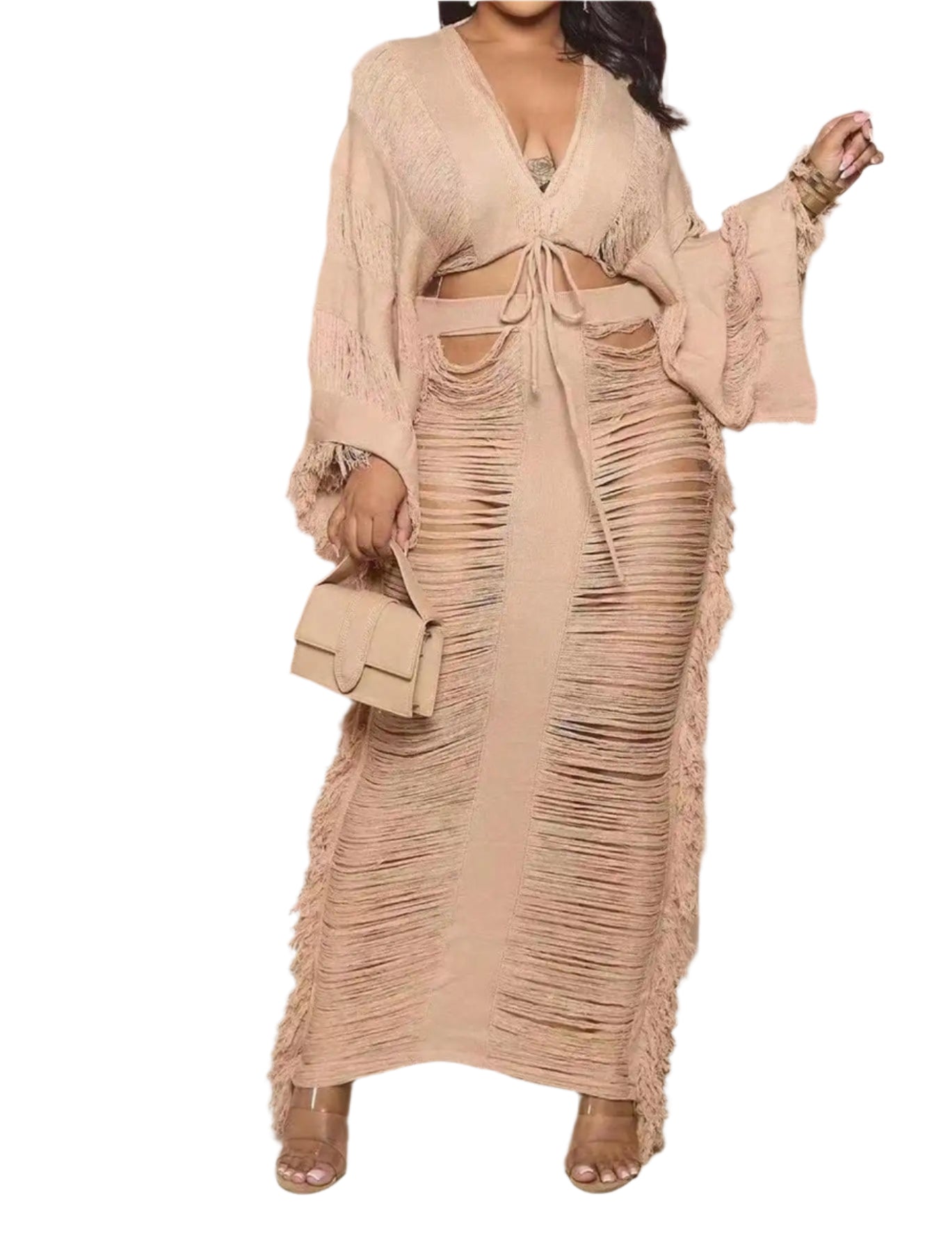Women's Fringed 2-piece Set Long-sleeved top with fringed cutout sexy and elegant party club outfit