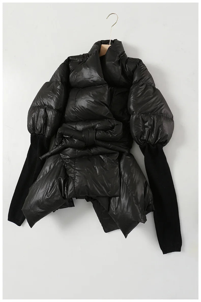 Women's Cotton-padded Coat Belt Irregular Waist Camouflage Knitted Sleeve Parkas Jackets Winter Jackets