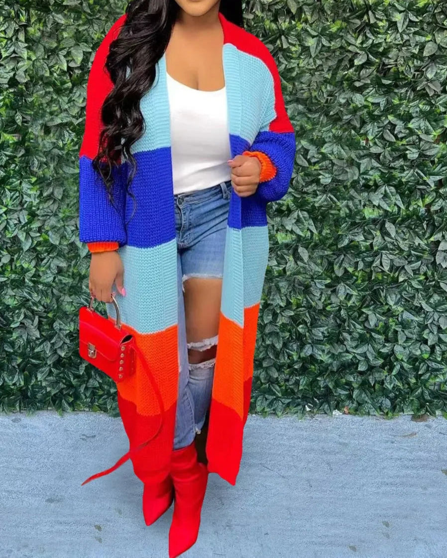 Elegant Women Knit Ribbed Cardigan Patchwork Long Sleeve Open Stitch Thick Sweater