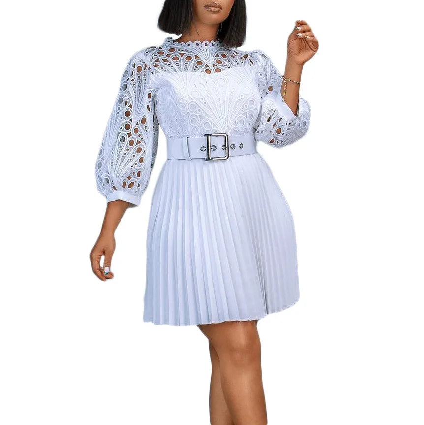 Elegant Dresses for Women O Neck Three Quarter Sleeve Belt Waisted Lace Patchwork Knee Length Luxury Female Birthday Party Dress