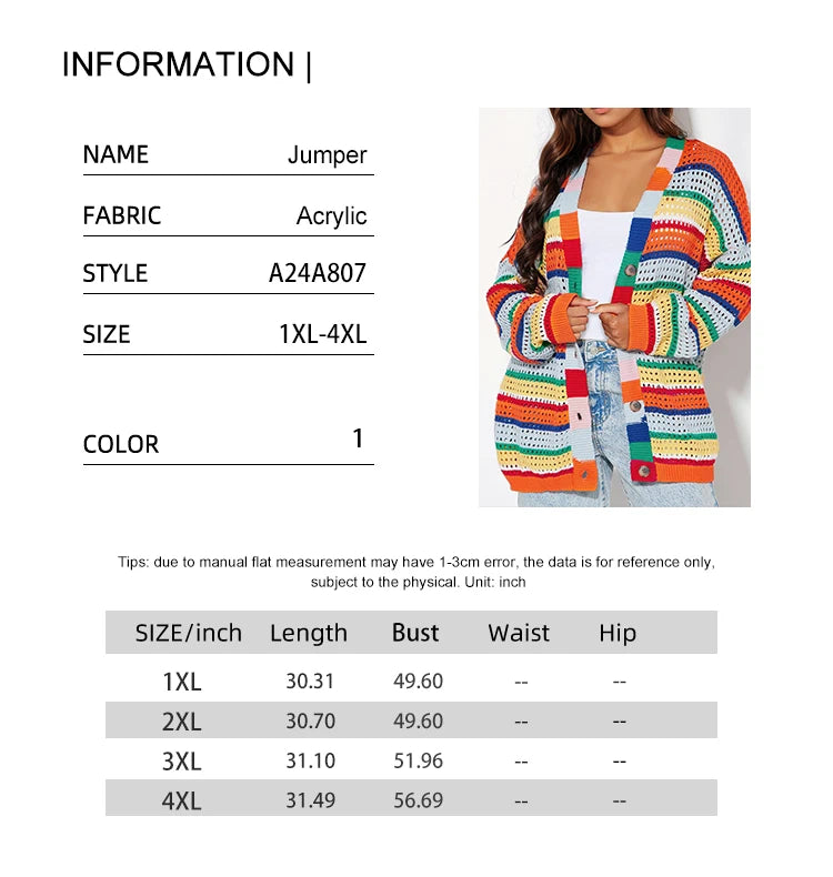 Plus Size Women's Rainbow Stripe Knit Crochet Cardigan Sweater