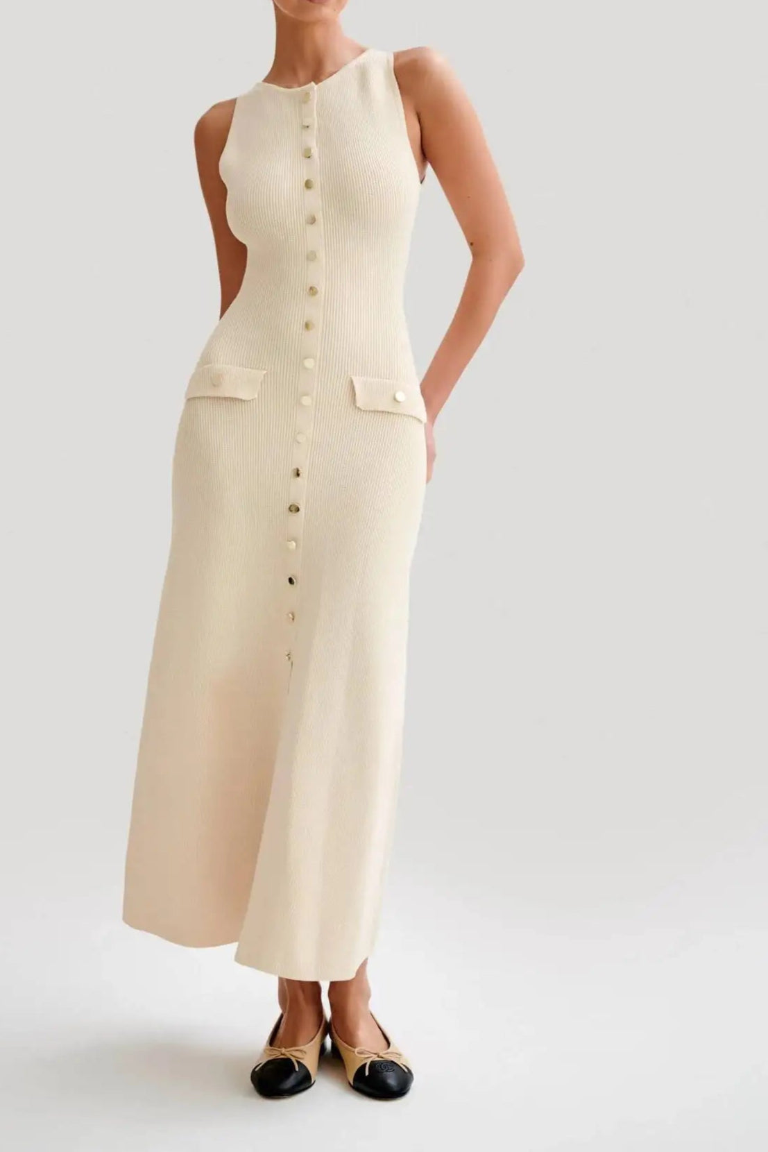 Elegant Knitted Long Dresses Women O Neck Sleeveless Single Breasted Bodycon Midi Dress