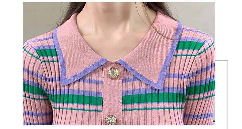 Stripes Knitted Dress Women Slim Elastic Bodycon Party Sweater Dresses