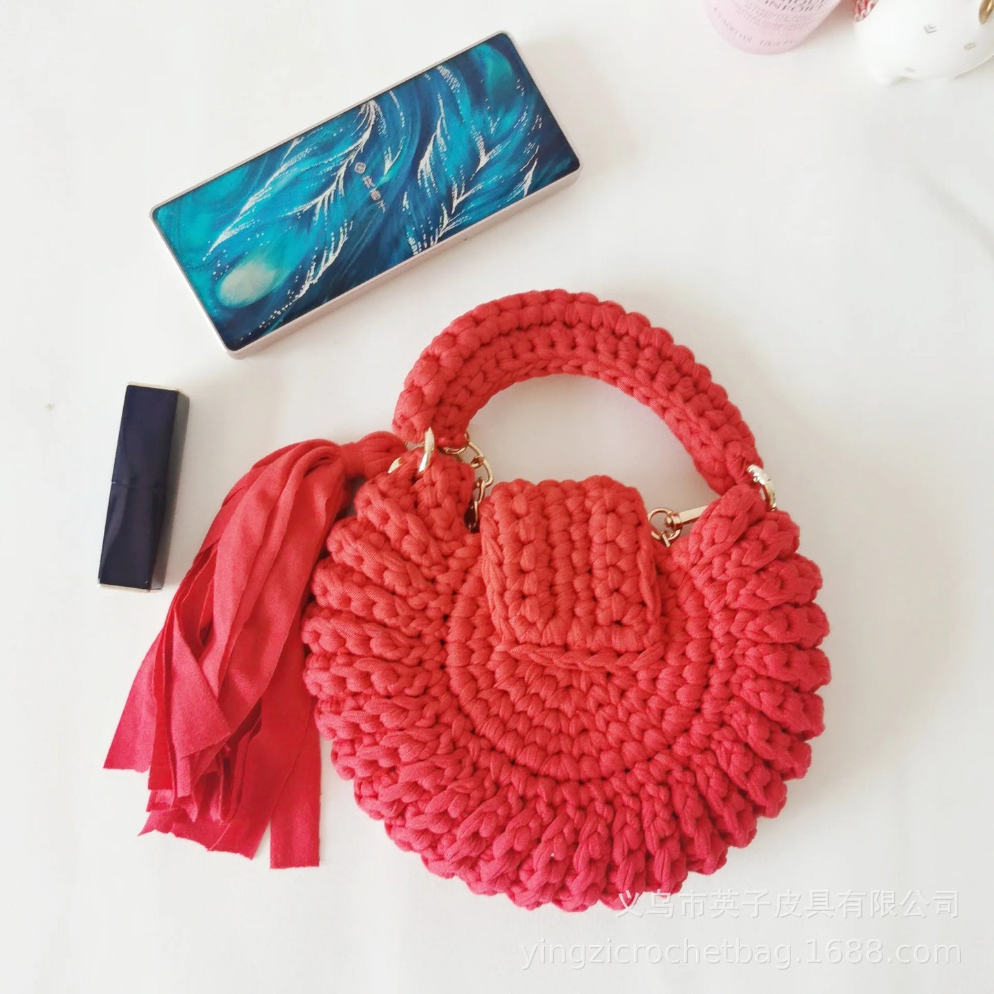 Bohemian Women's Solid Color Hook Knit Bag Round Fringed Small Crossbody Bag Soft Material