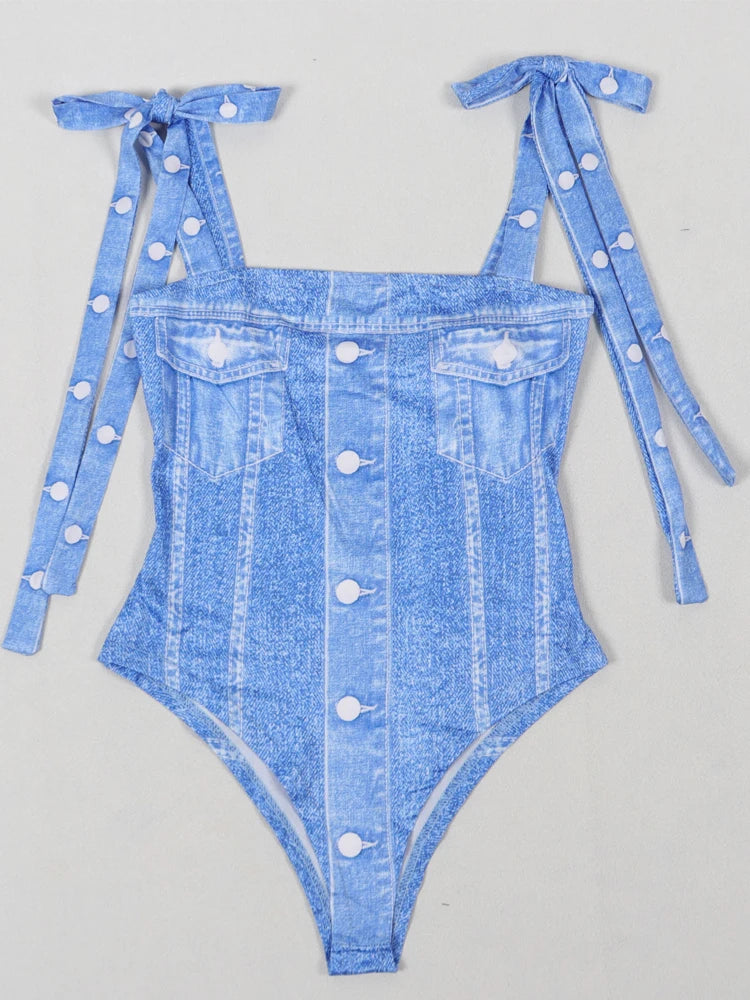 Beautiful Blue Denim Print Monokini Skirt Set Two-Piece Set New Chic High Slit Bandage Matching Set Vacation Outfits