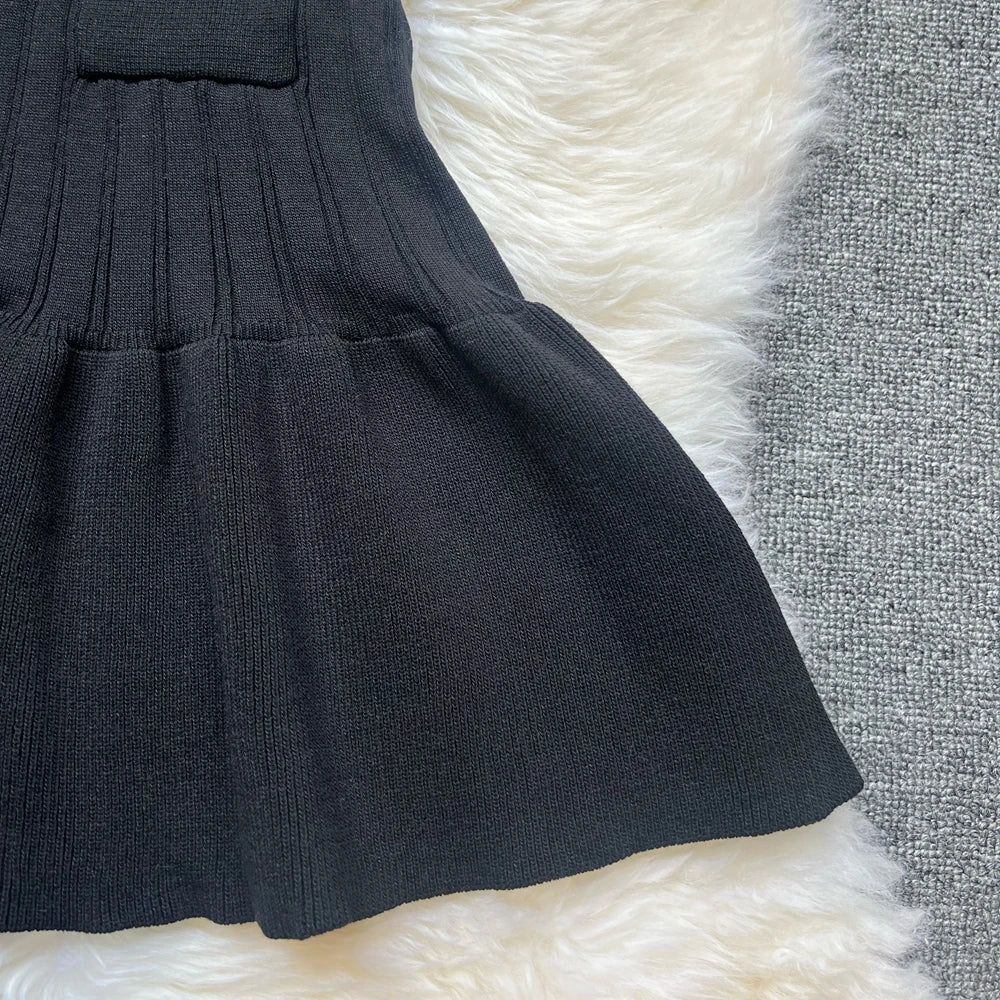 Chic Knitted Mini Dress Elegant Black Ruffled Party Dress