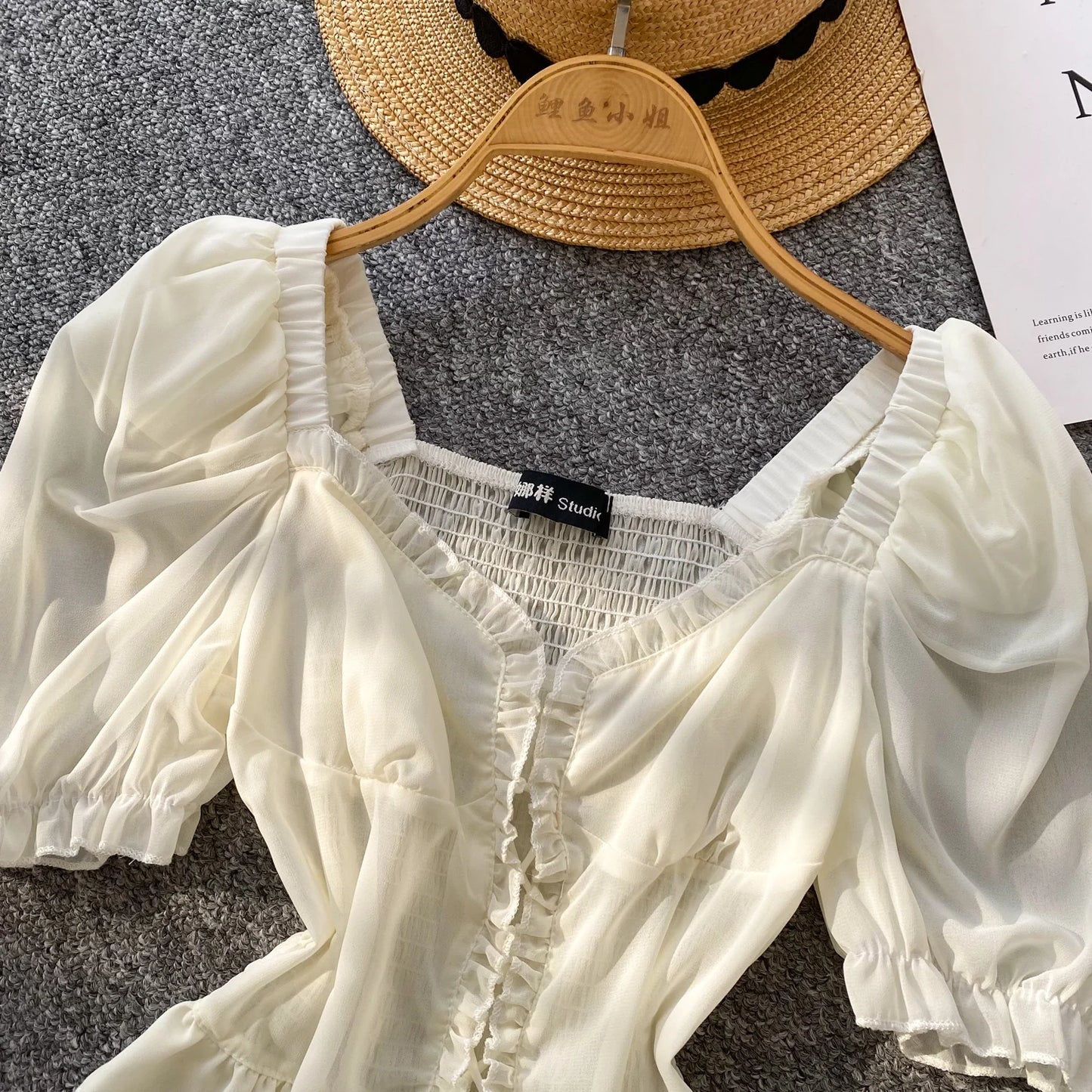 French Style Chiffon Blouse Square Neck Short Sleeves Ruffles Lace Up Beach Top