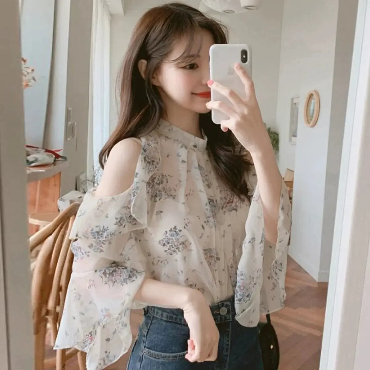 Floral Chiffon Shirts & Blouses For Women Off Shoulder Woman Top
