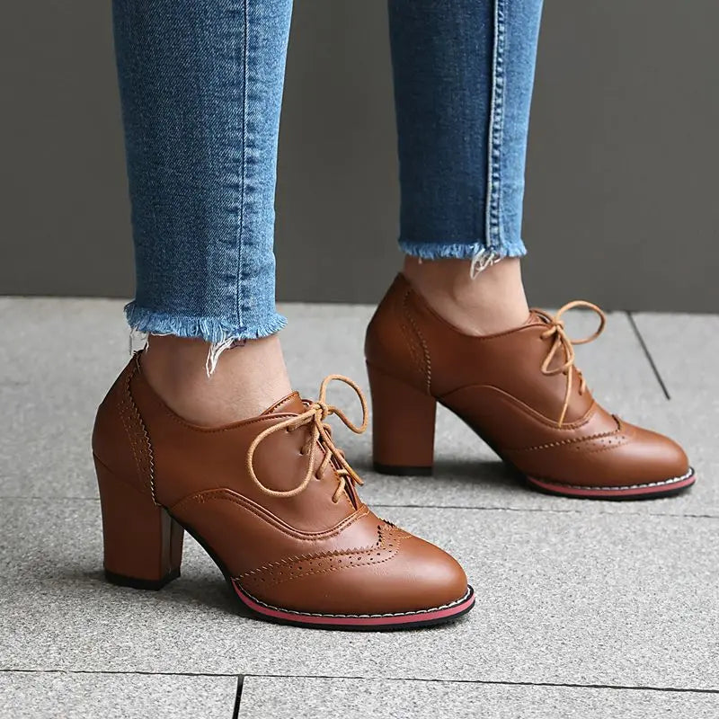 Pump Round Toe Chunky Heels 7.5cm Lace Up Plus Size 45 46 47 48 Office Shoes