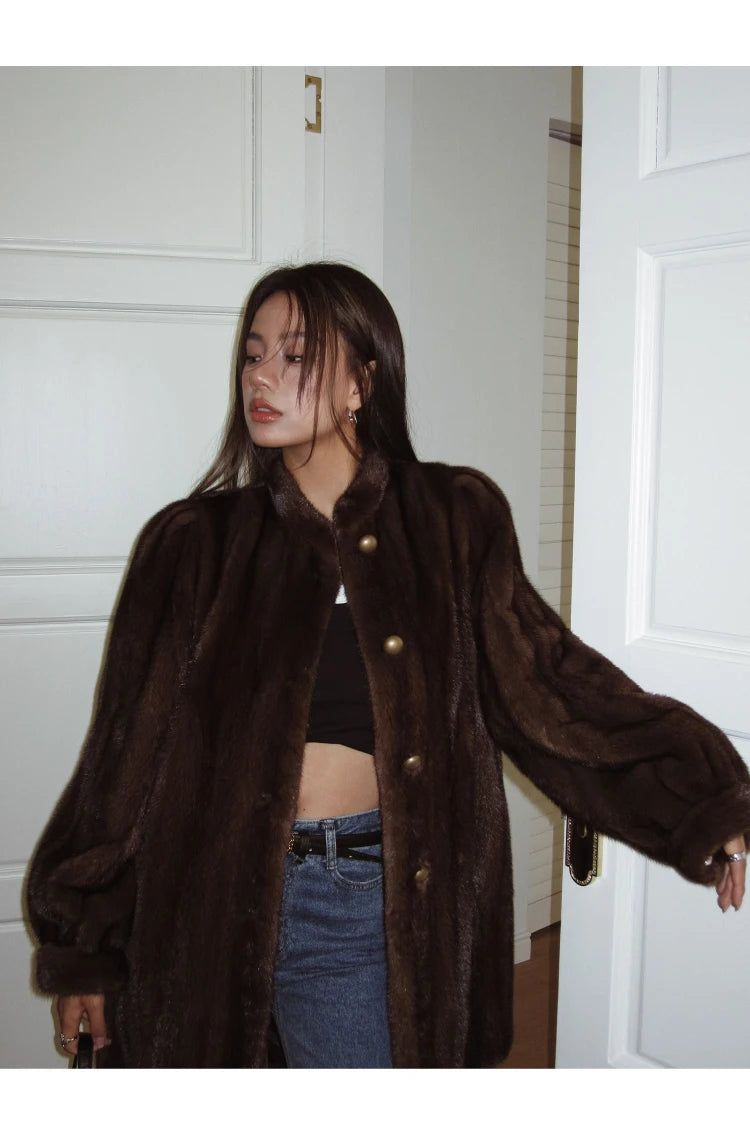 Brown Thick Warm Soft Faux Mink Fur Coat Women Puff Sleeve Stand Collar Fluffy Jacket
