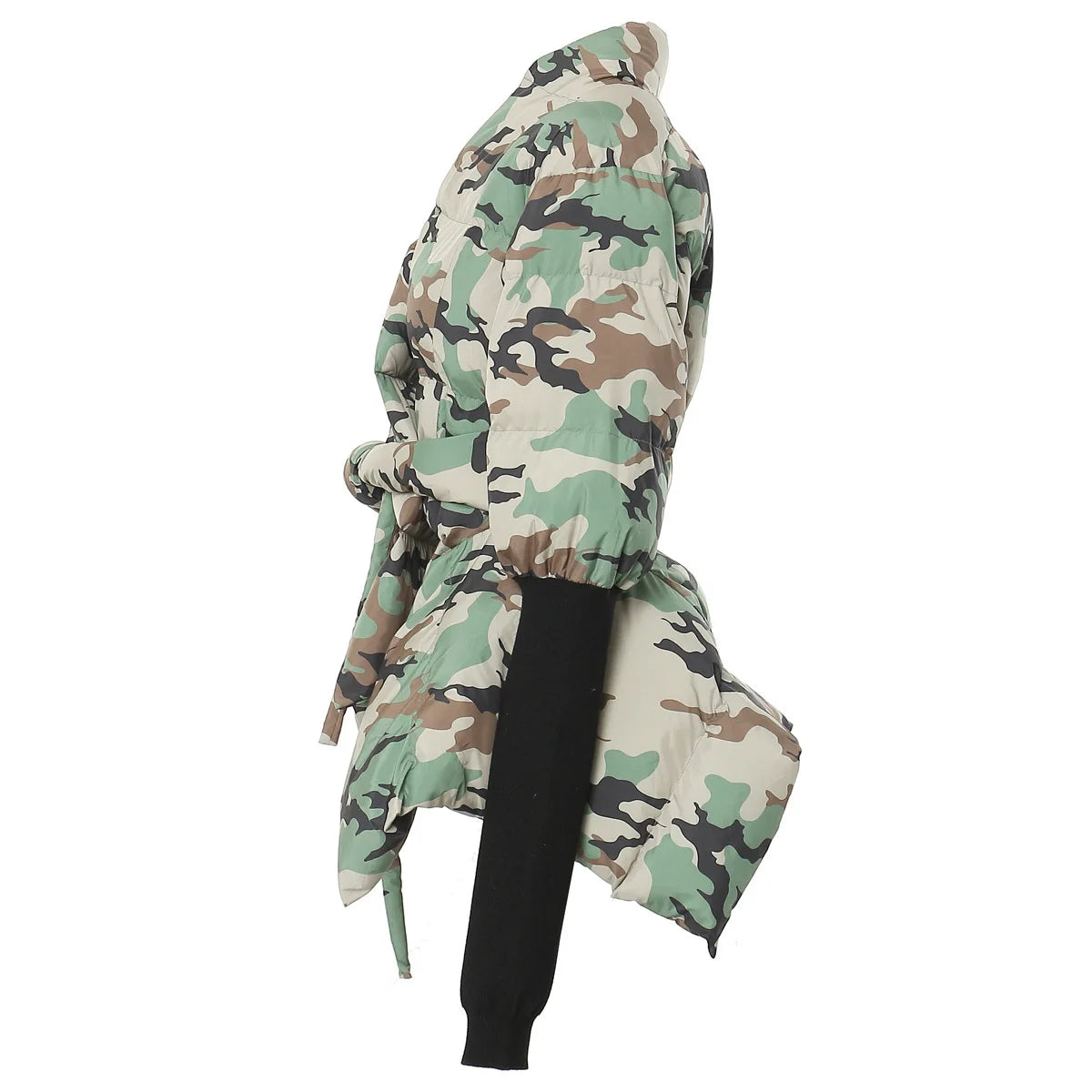 Women's Cotton-padded Coat Belt Irregular Waist Camouflage Knitted Sleeve Parkas Jackets Winter Jackets