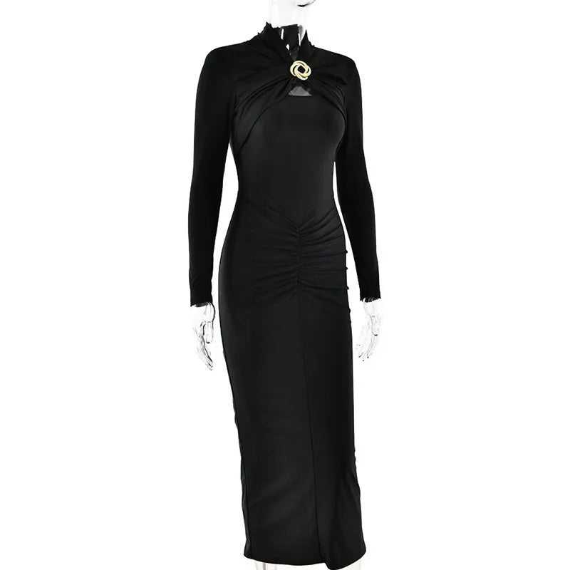 Hollow Out Long Sleeve Maxi Dress For Women Metal Buckle Bodycon Cocktail Dress