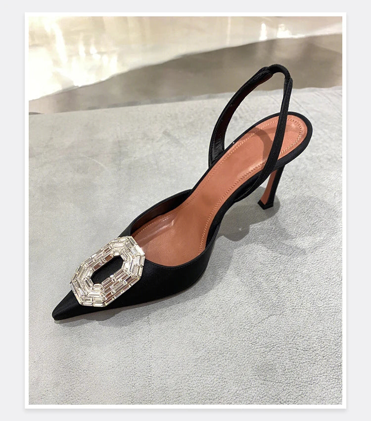 Oval Rhinestone Buckle Toe Sandals Pointed Thin Heel Hollow Banquet High Heels