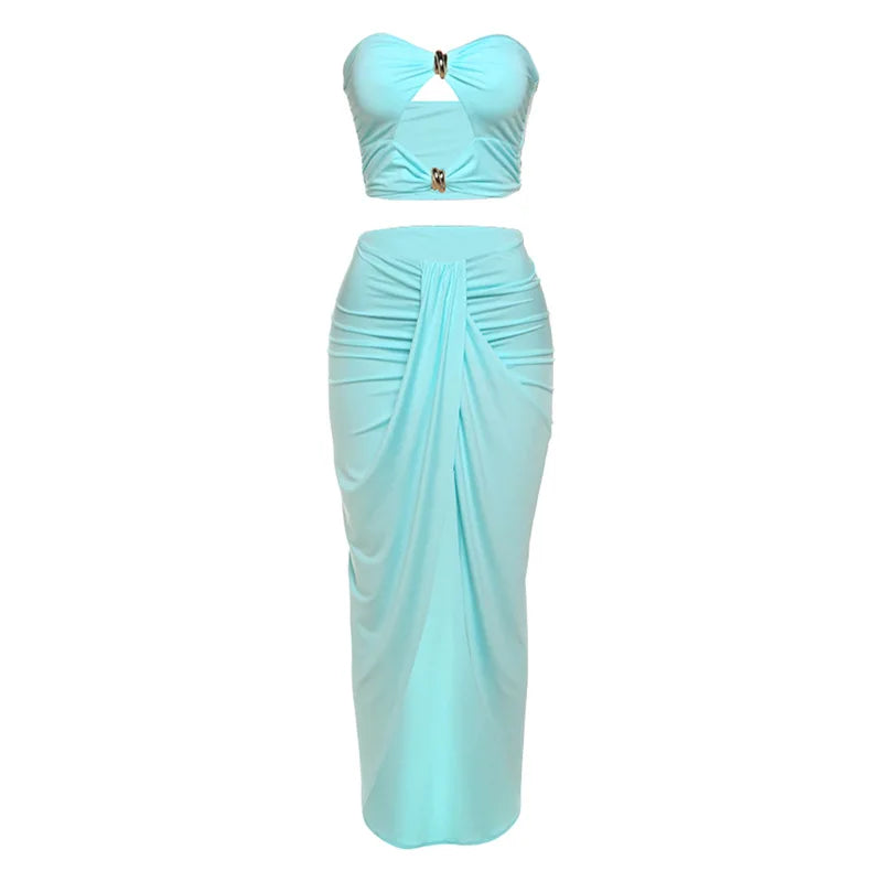 Hollow Metal Buckle 2 Piece Set Resort Wear Women Y2K Split Maxi Skirt Matching Clubwear Outfits