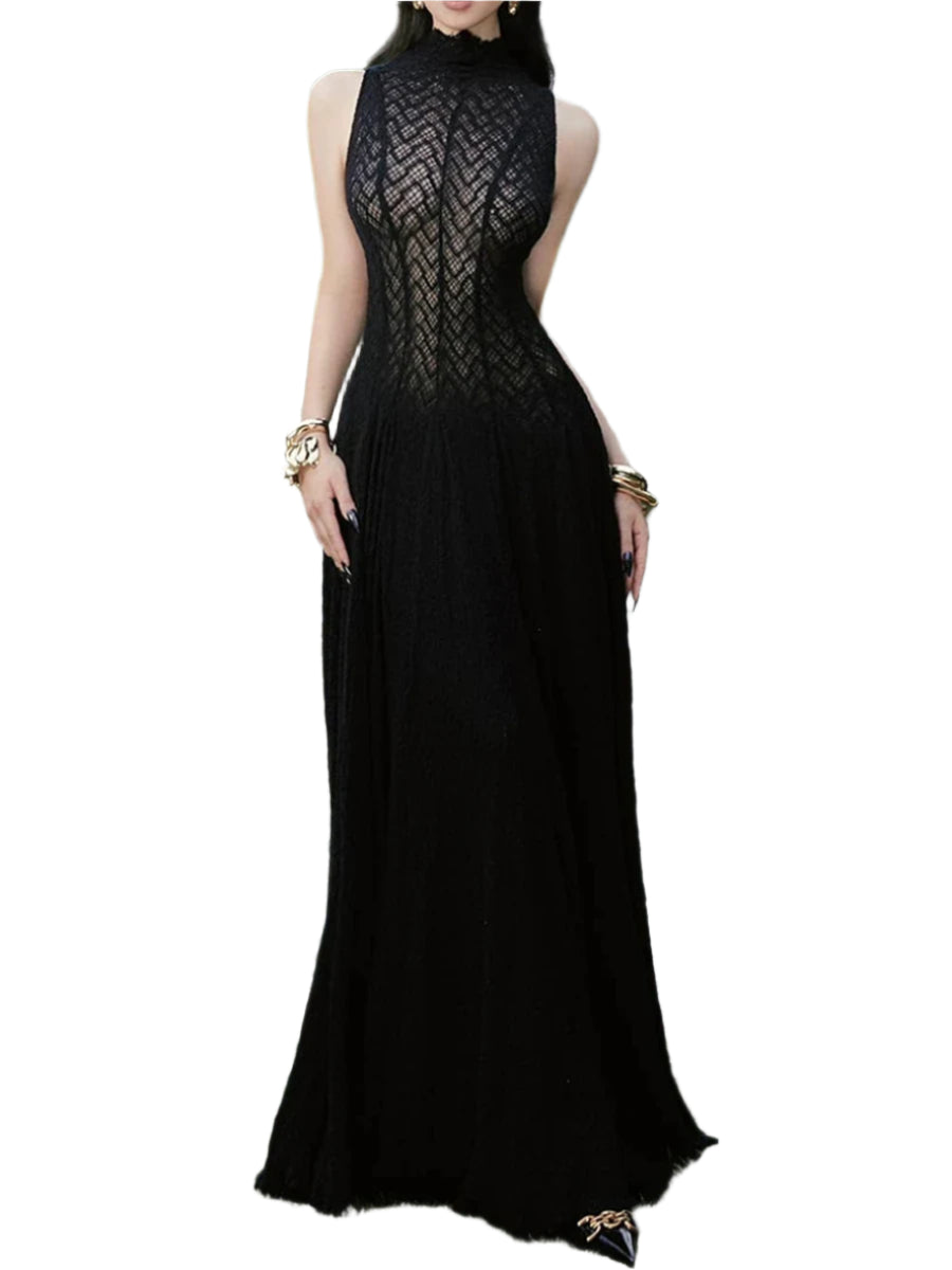 Solid Spliced Appliques Loose Maxi Dress For Women O Neck Sleeveless High Waist Dress