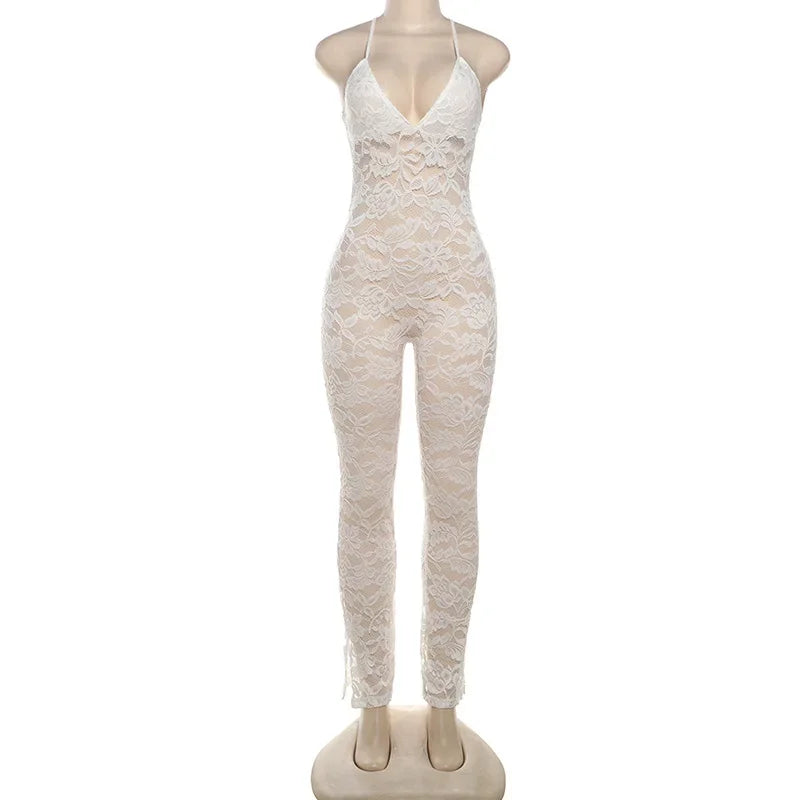 Cross Backless Jumpsuit Women Sexy See Thorough V-Neck Sleeveless Summer Coquette Stretch Overalls Club Birthday Outfit