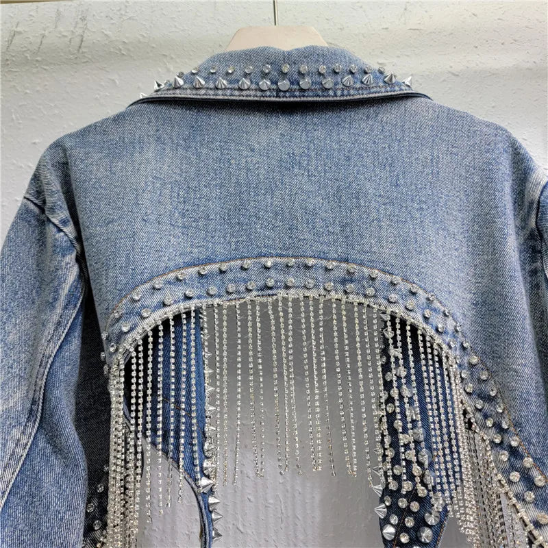 Diamonds Beaded Tassels Rivets Denim Jacket Retro High Waisted Crystal Fringed Backless Jeans Cowboy Coat