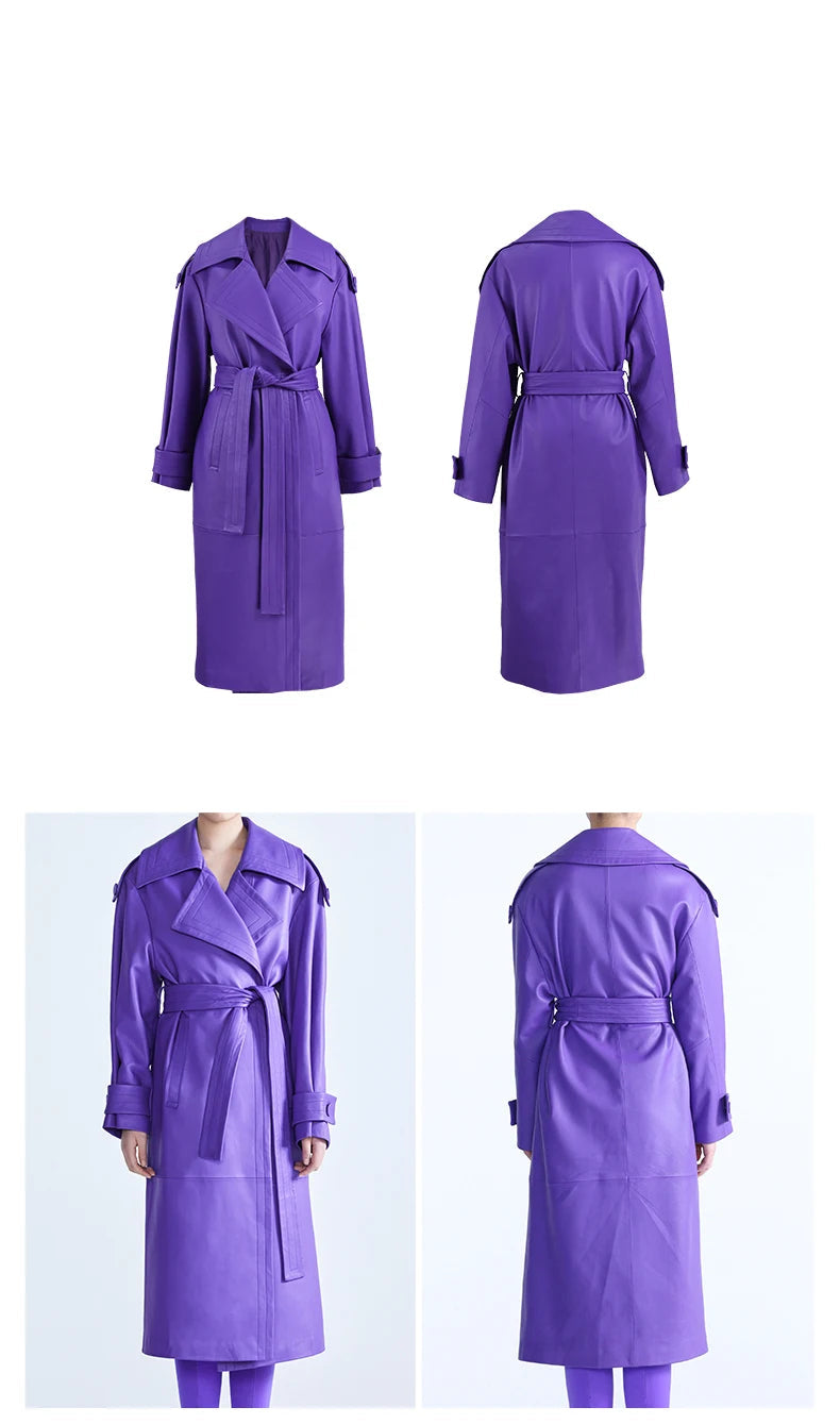Elegant Purple Colored Faux Leather Trench Coat for Women Sashes Runway Coat
