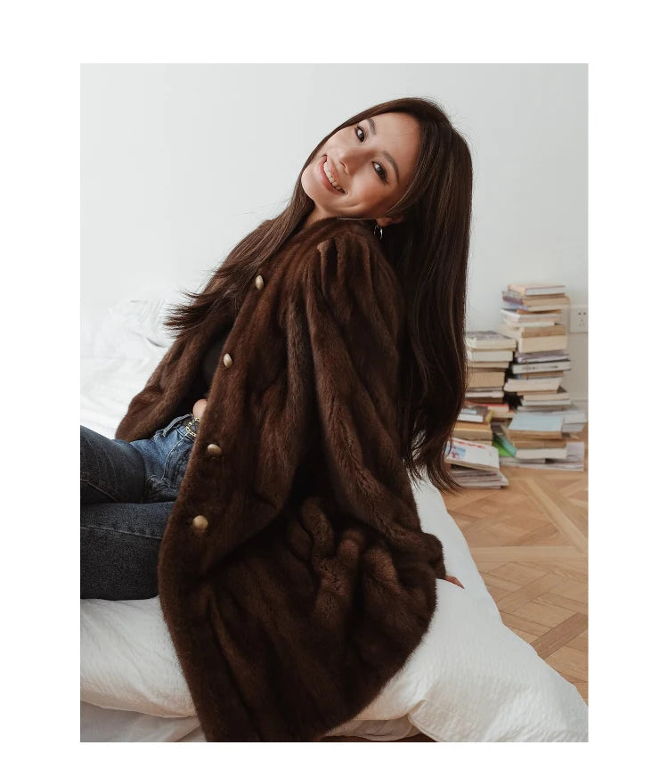 Brown Thick Warm Soft Faux Mink Fur Coat Women Puff Sleeve Stand Collar Fluffy Jacket