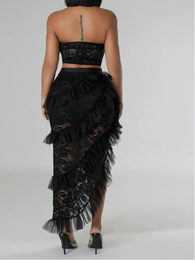 Two 2 Piece Sets for Women White Lace See Through Sleeveless Strapless Top and Ruffles Long Skirt Set