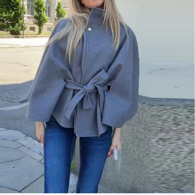 Belt Cropped Jacket Coat Women's Stand Collar Cape Outerwear