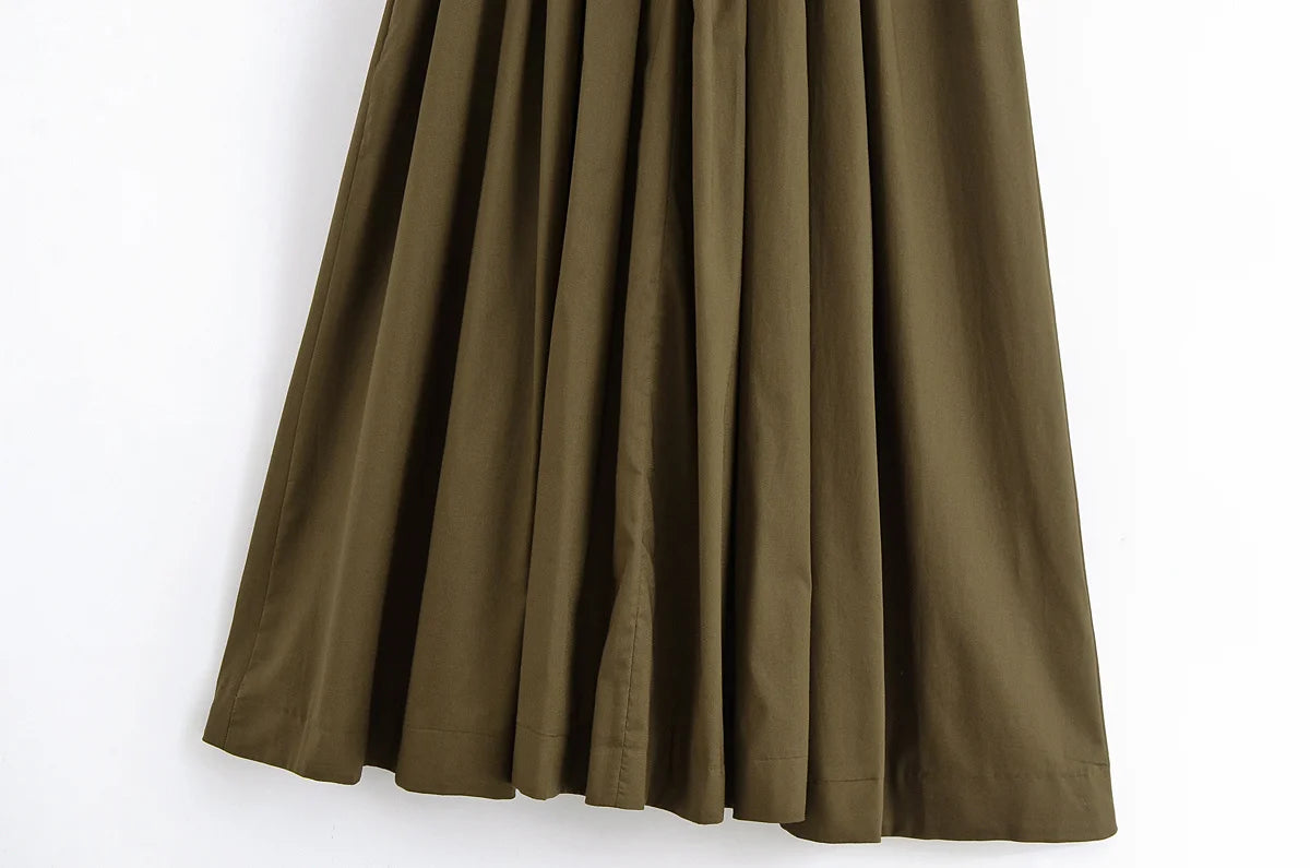V-neck Lace-up Midi Dress Short Sleeve Backless Pleated Dress