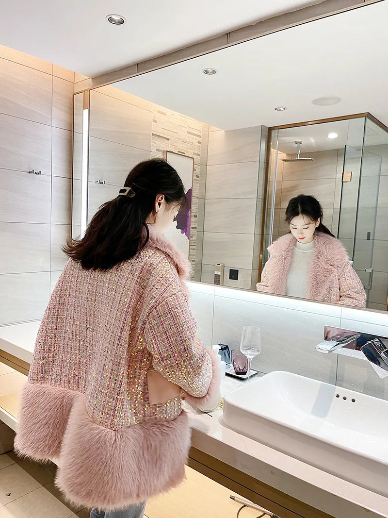 Glitter Coarse Wool Blended Fur Coat Long Sleeve Loose Coat