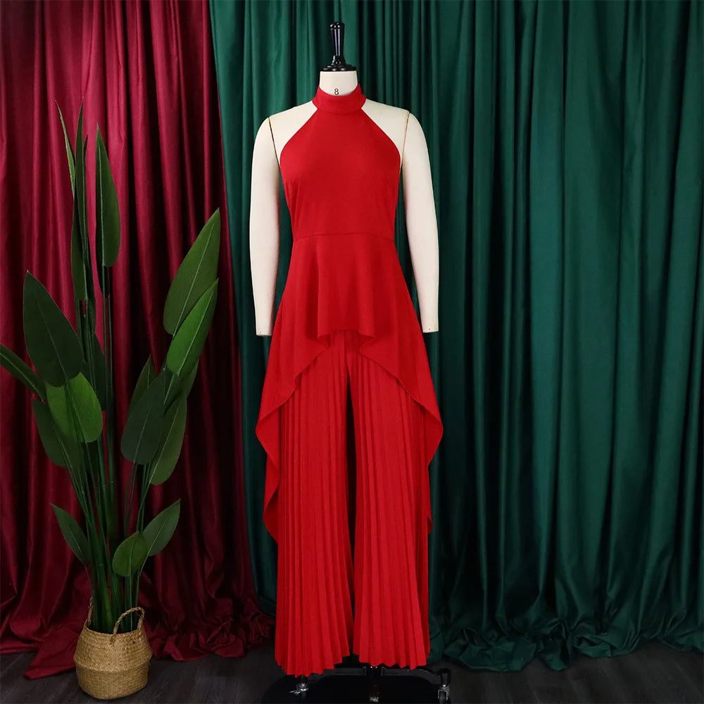 Elegant Two Piece Set Women Outfit Backless Top Hundred Pleated Wide Leg Pants Trousers Suit Summer Office Lady Suit