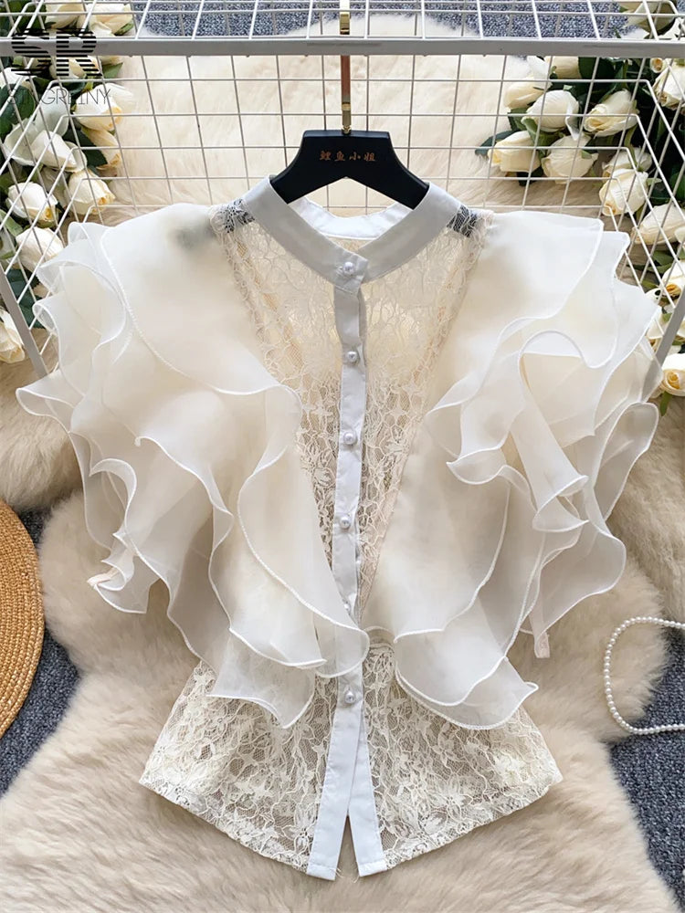 Ruffle Blouses Women French Style Single Breasted Lace Patchwork Shirt Summer Top
