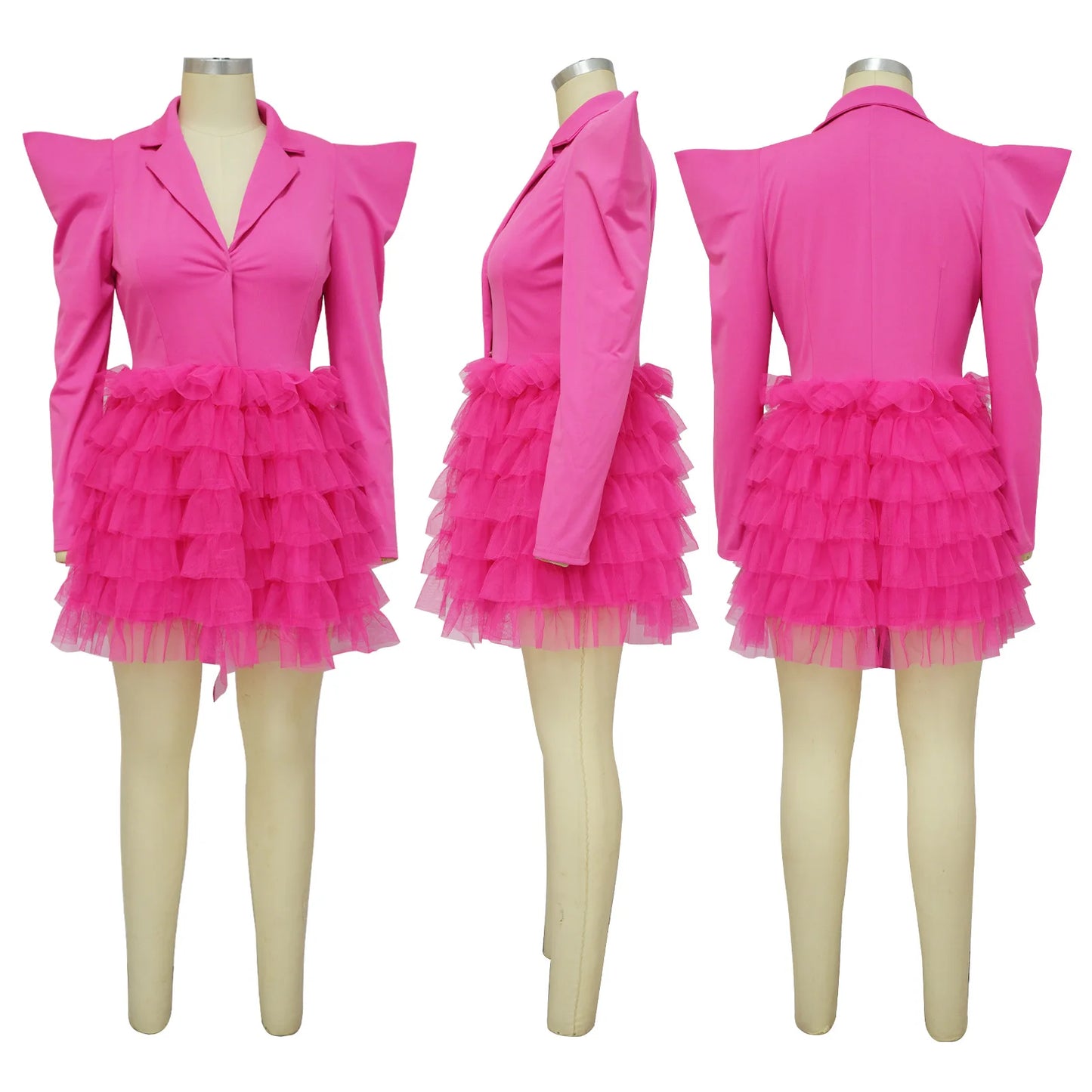 Mesh Paneling Solid Right Shoulders Long Sleeves Cake Dress For Women