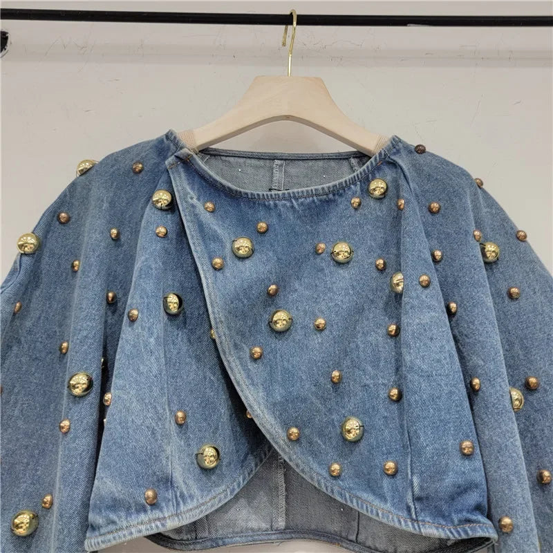 Women Rivets Long Lantern Sleeve Denim Coat Short Pearls Top Bomber Jacket Cowboy Jacket