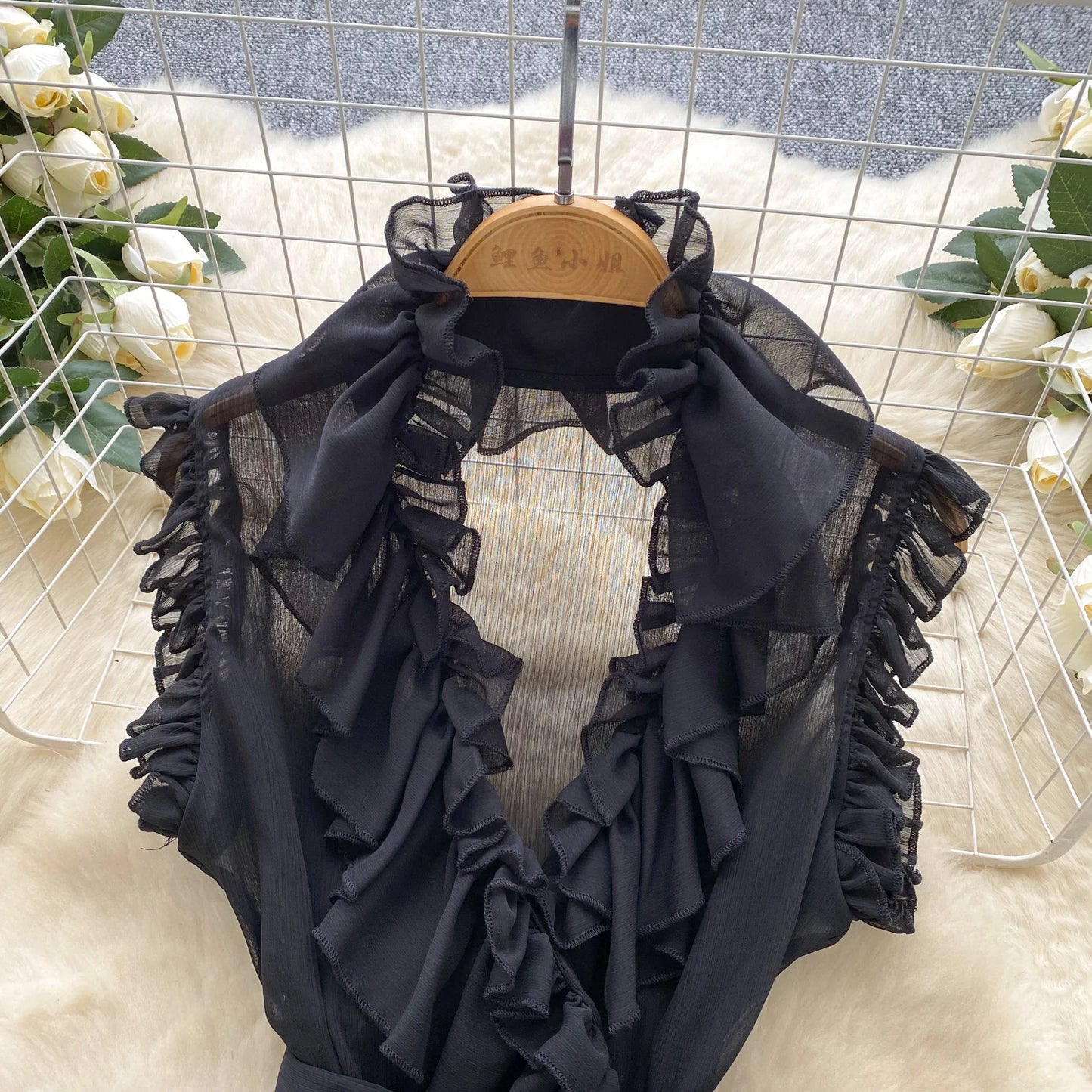 Sweet Ruffles Chiffon Blouses Women Sleeveless V Neck Retro Lace Up Blouse