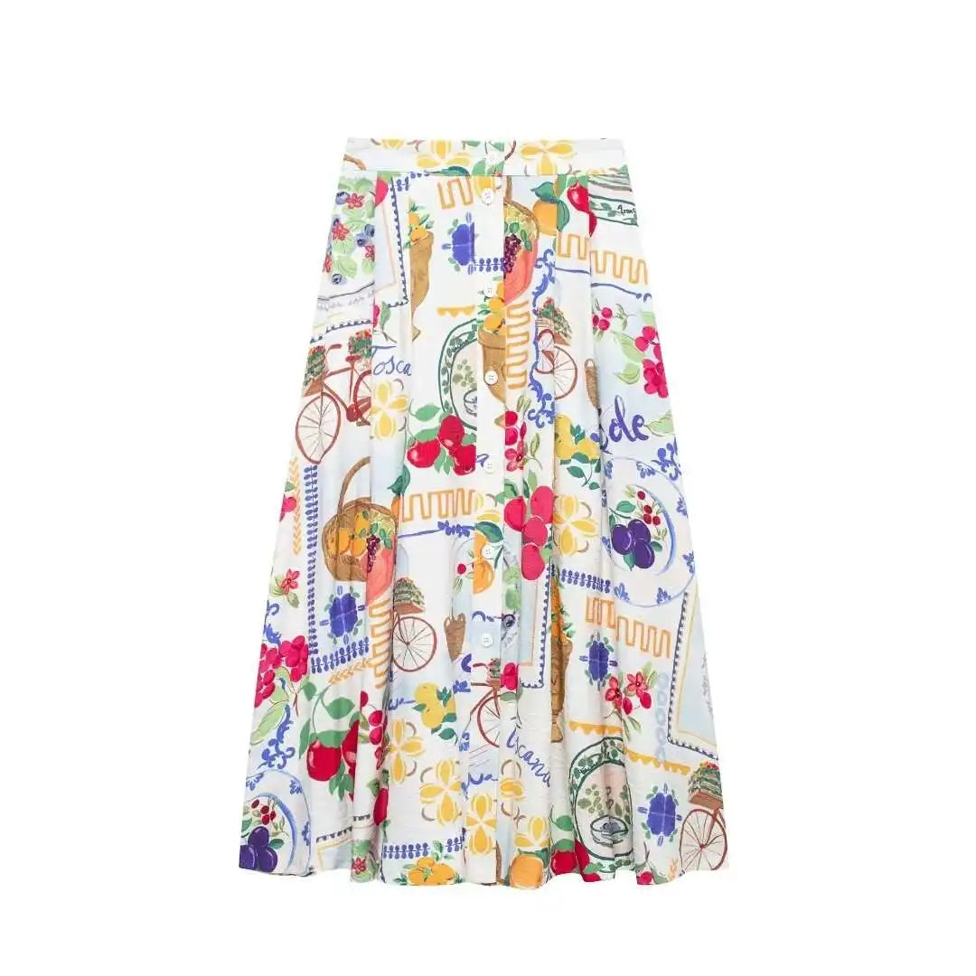 Colorful Printed Suspenders Skirt Set Women Patchwork Quilted High Waist Skirt Two Piece Summer