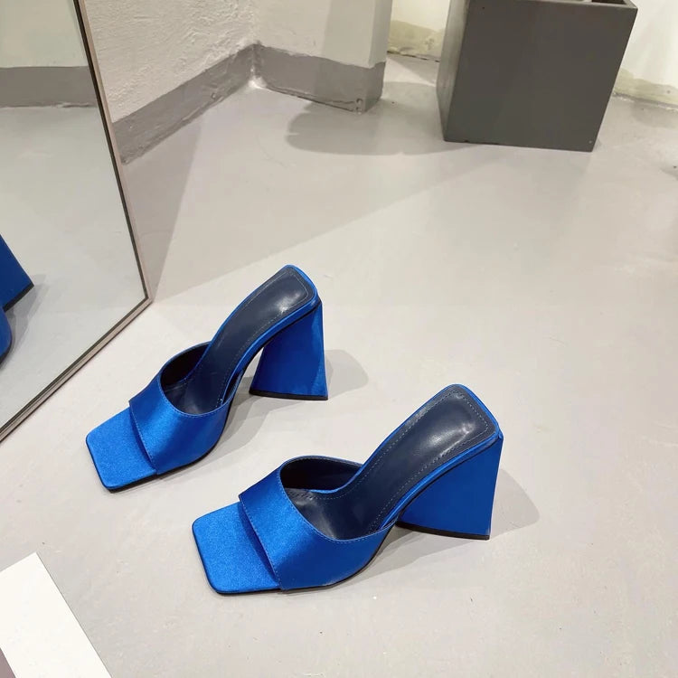 Silk Triangle Square Heels Heel Woman Slippers Sexy Street Party Square Toe Heels