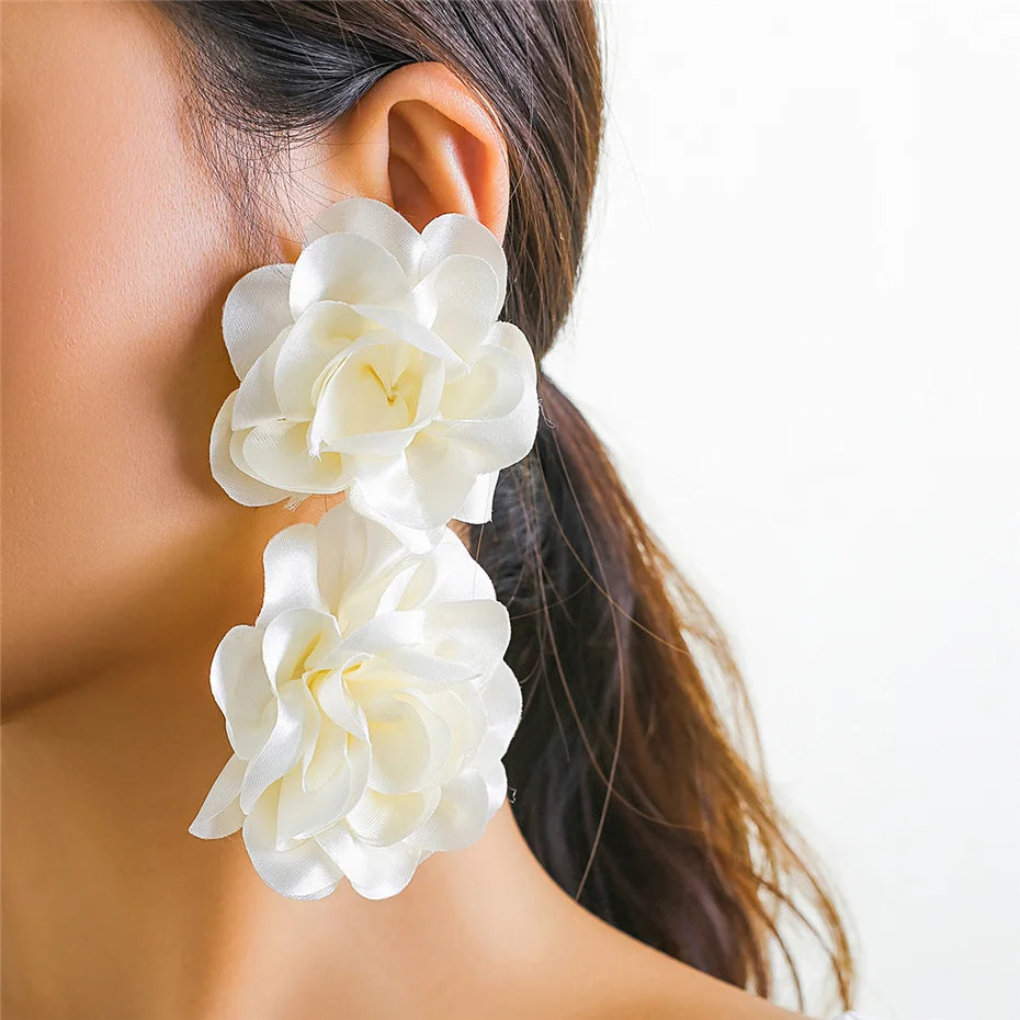 4 Colors Exaggerated Big Fluffy Fabric Flower Petal Drop Earrings for Women