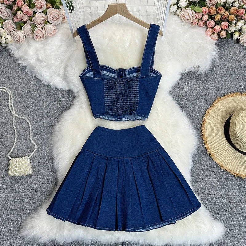 Denim Skirt Stets Two Pieces Sleeveless Tanks Top and Pleated Mini Skirt