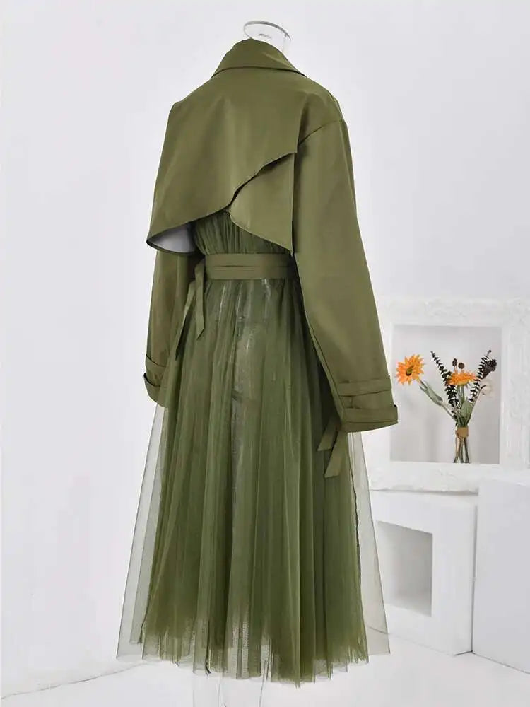 Vintage Gauze Patchwork Windbreaker Women Lapel Double Belt Gathered Trench Coat