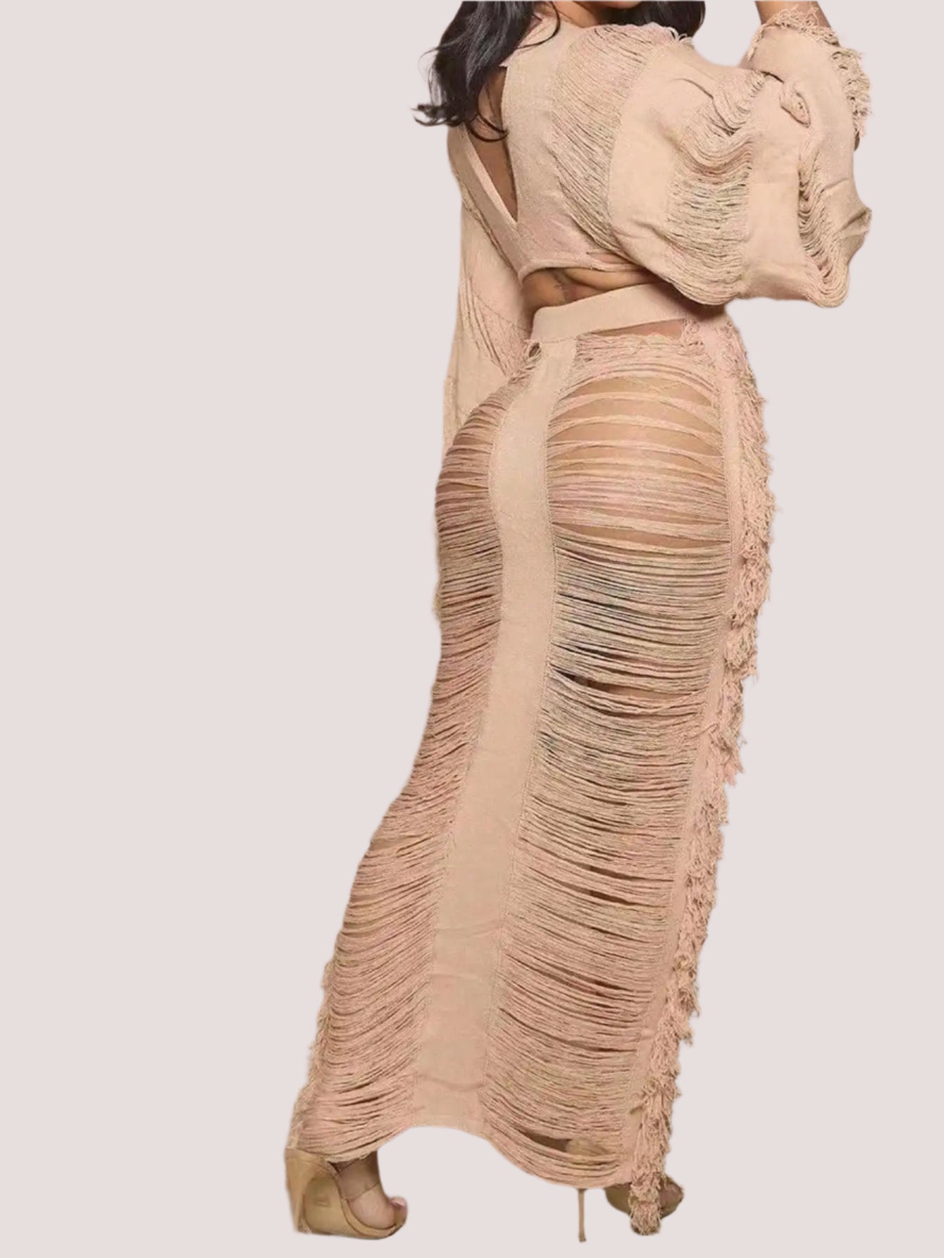 Women's Fringed 2-piece Set Long-sleeved top with fringed cutout sexy and elegant party club outfit