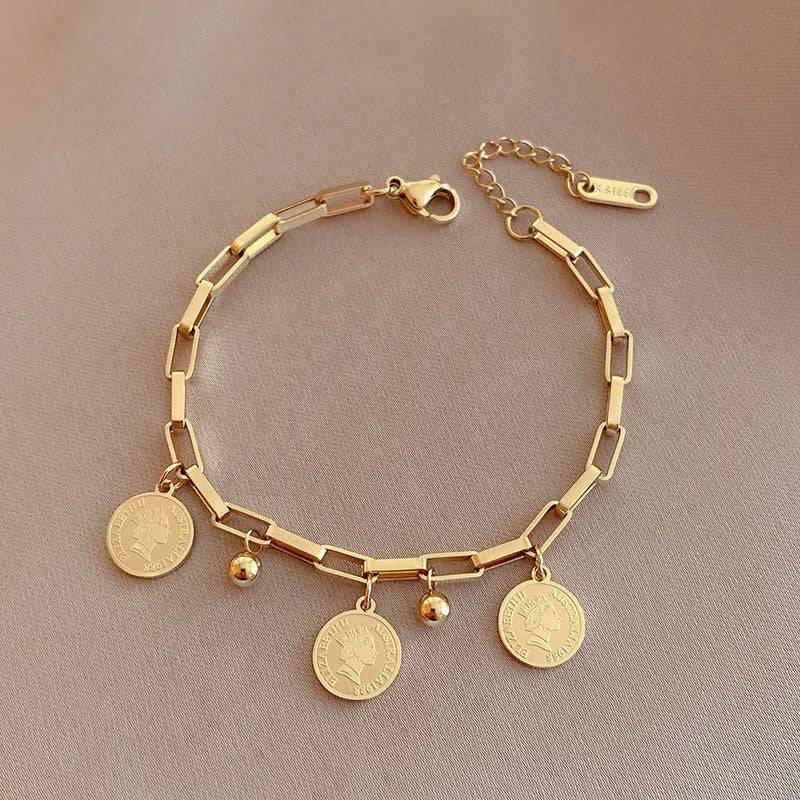 Women 1pcs Gold-color Stainless Steel Round Sign Portrait Pendant Bracelet