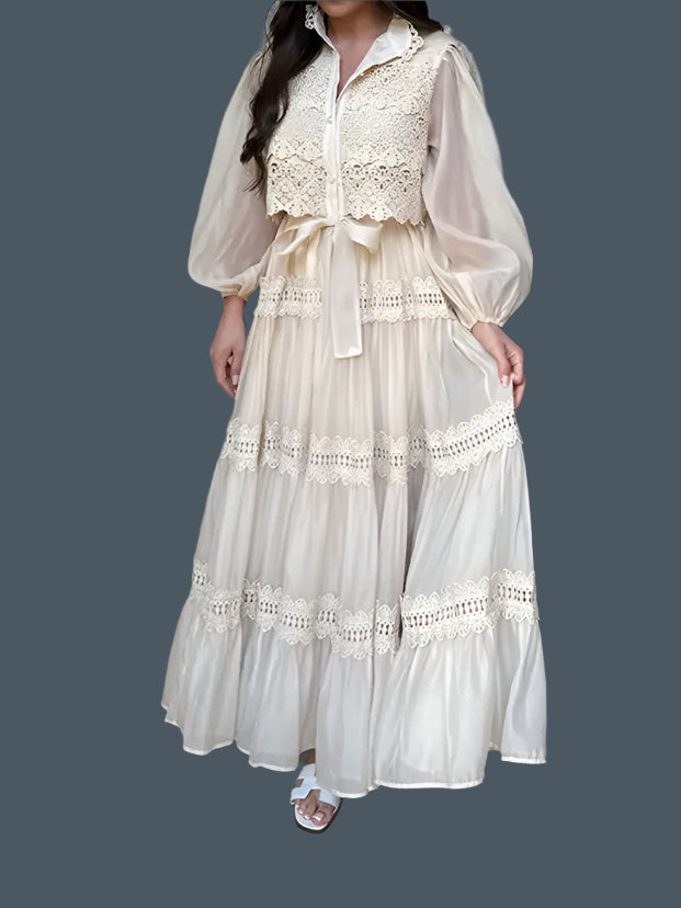 Long Sleeve Hollow Out Floral Dress Women Elegant Lapel Lantern Sleeves Maxi Dresses