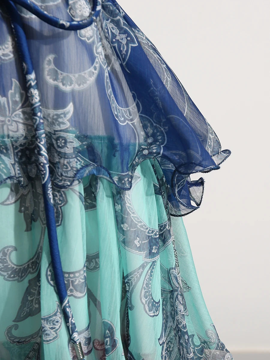 Colorful Print Ruffle Maxi Dress Spliced Lace Up Robe for Women Round Neck Sleeveless High Waist Patchwork Ruffles Dress