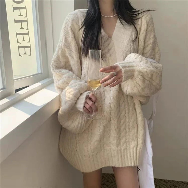 Lantern Sleeve Knit Sweater Women Korean Solid Twist V-Neck Pullover Jumper