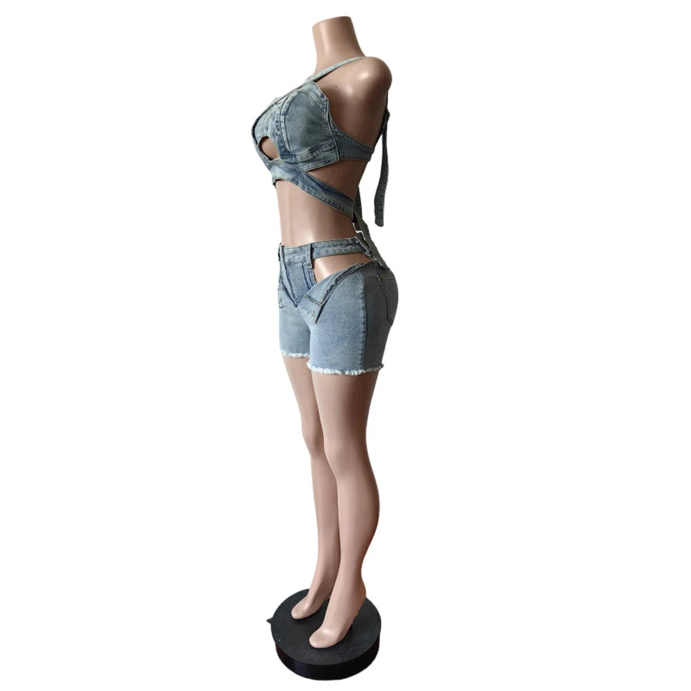 Sexy Jean Women Short Sets Straps Denim Crop Top and Cut Out Shorts Coachella Outfit