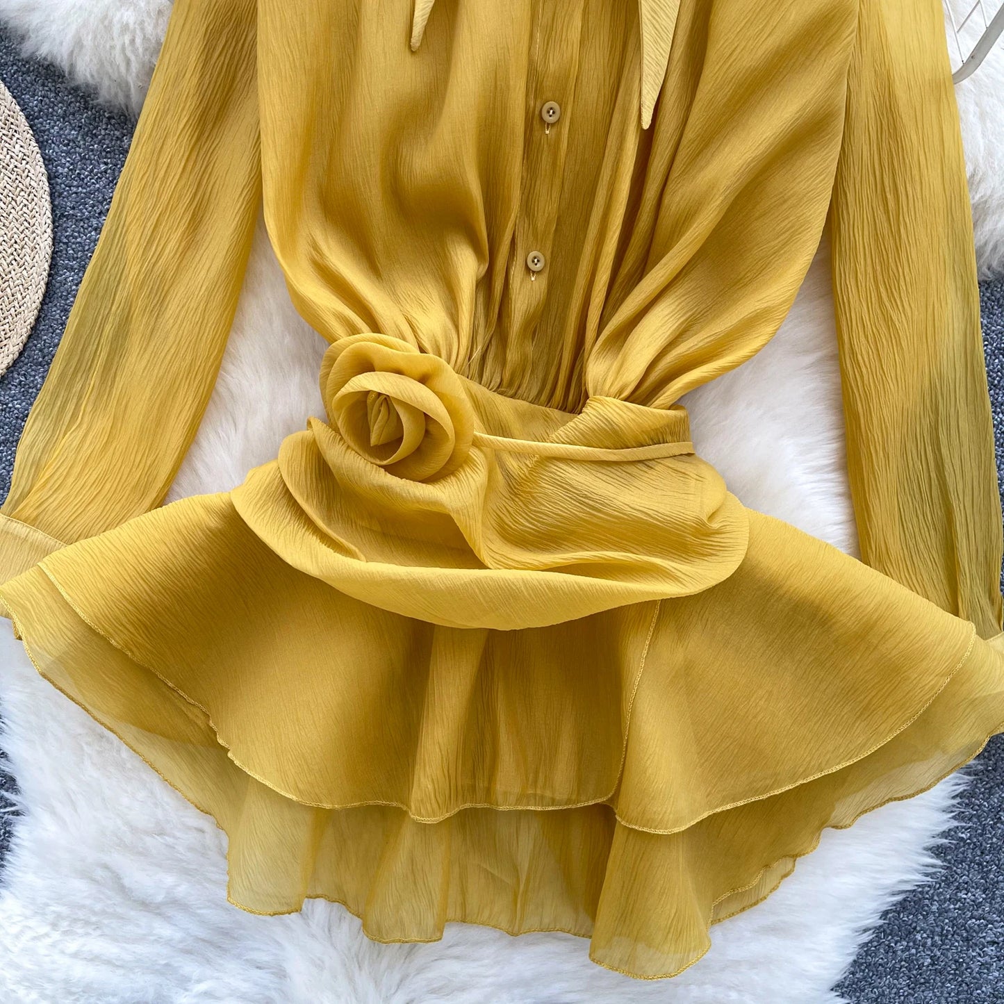 3D Floral Vintage Shirt Women Lapel Neck Long Sleeves Sheer Bohemian Organza Blouse