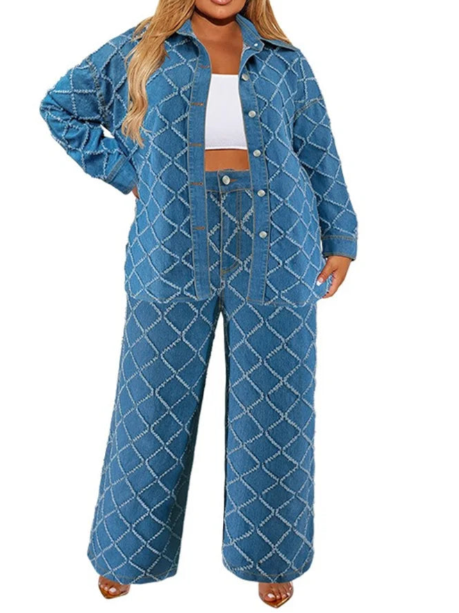 Plus Size Denim Two Piece Sets Women Long Sleeve Tops and Pants Matching Suits