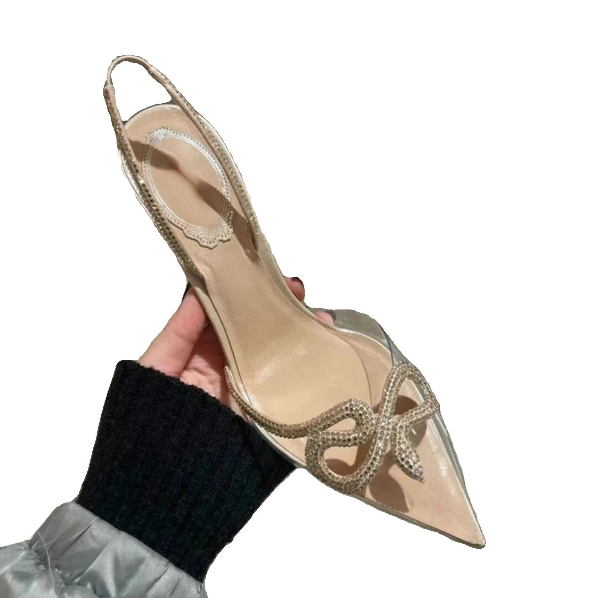 Clear Rhinestone High Heels Women's Thin Heels Pointed Sandals Transparent Buckle Shoes
