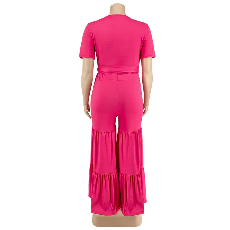 Plus Size Pants Sets Two Piece Outfits Summer Holiday Solid Bandage Top Wide Leg New Matching Suit